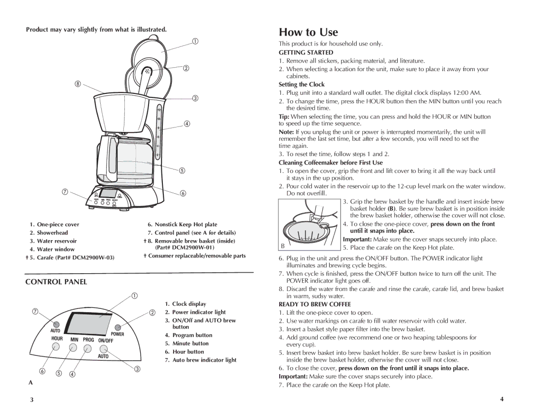 Black & Decker DCM2900W manual How to Use, Control Panel, Getting Started, Ready to Brew Coffee 